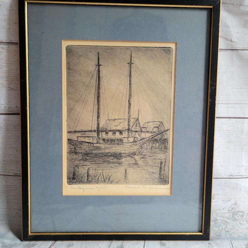 Margaret M. Kilburn Signed Framed Nautical Etching Print with Blue Mat